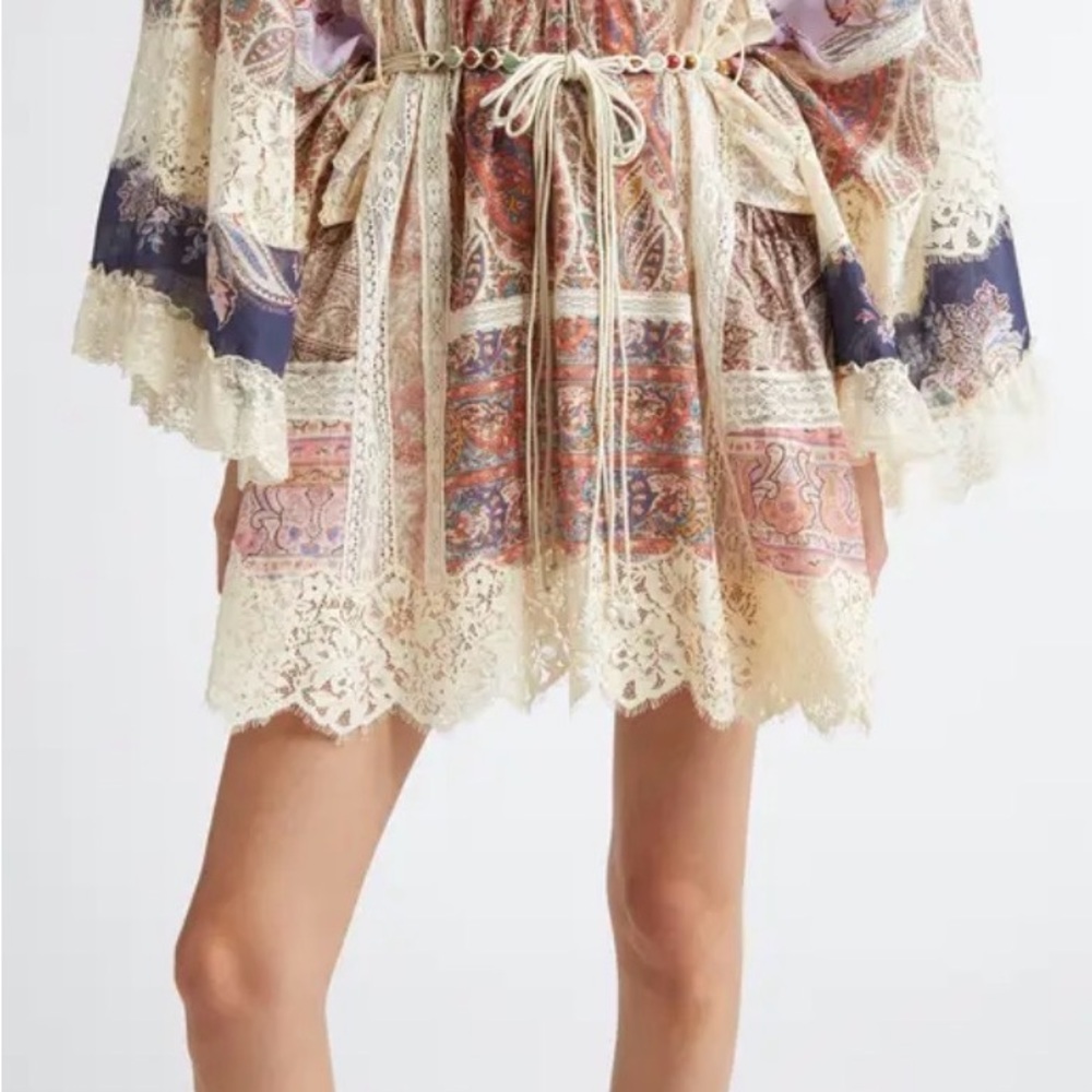 Zimmermann Cream Lace Paisley Mini Dress with Navy Accents
